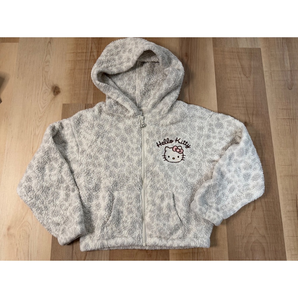 Hello Kitty Hybrid Apparel Girl's Large Sherpa Fleece Zip Up Hoodie White gray
